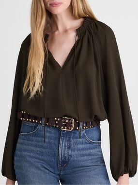 NWT MADEWELL Women’s Long-Sleeve Tie-Neck Top, Midnight Olive, Size Small NY328